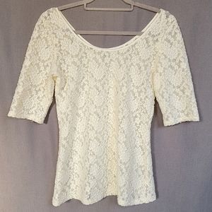 Banana Republic Short Sleeve Scoop Neck Lace Ivory Stretch Sheer Top size Medium